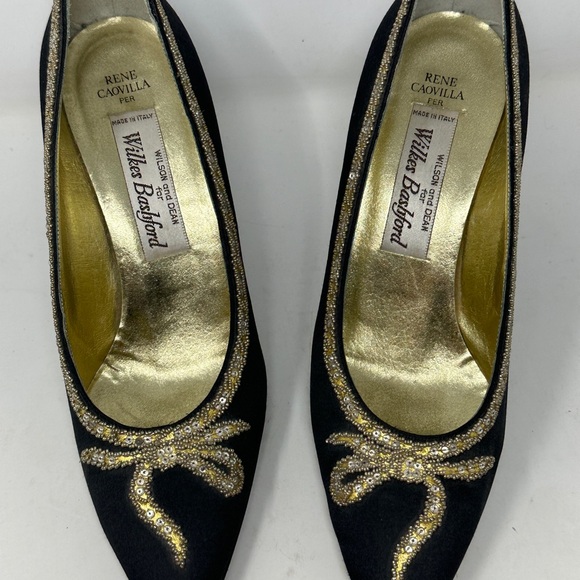 Rene Caovilla Wilkes Bashford Italy  Pump Heels Black Gold Satin Crystal Size 8 - Picture 2 of 14